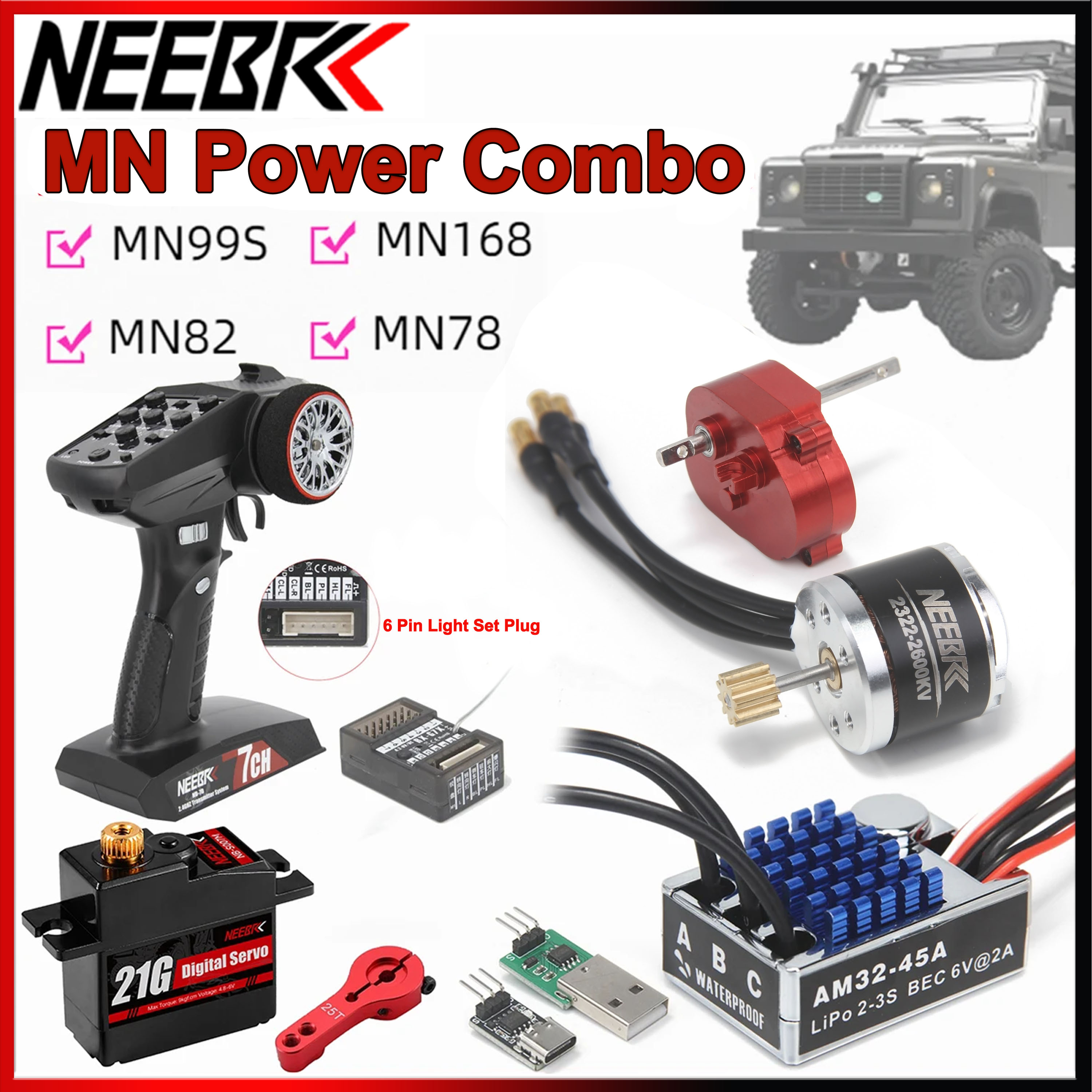 Power Combo 2322 2600KV Motore Brushless Scatola Ingranaggi In Metallo AM32 45A ESC 7CH Trasmettitore 21G Servo per Auto RC MN82 MN78 MN168 MN99