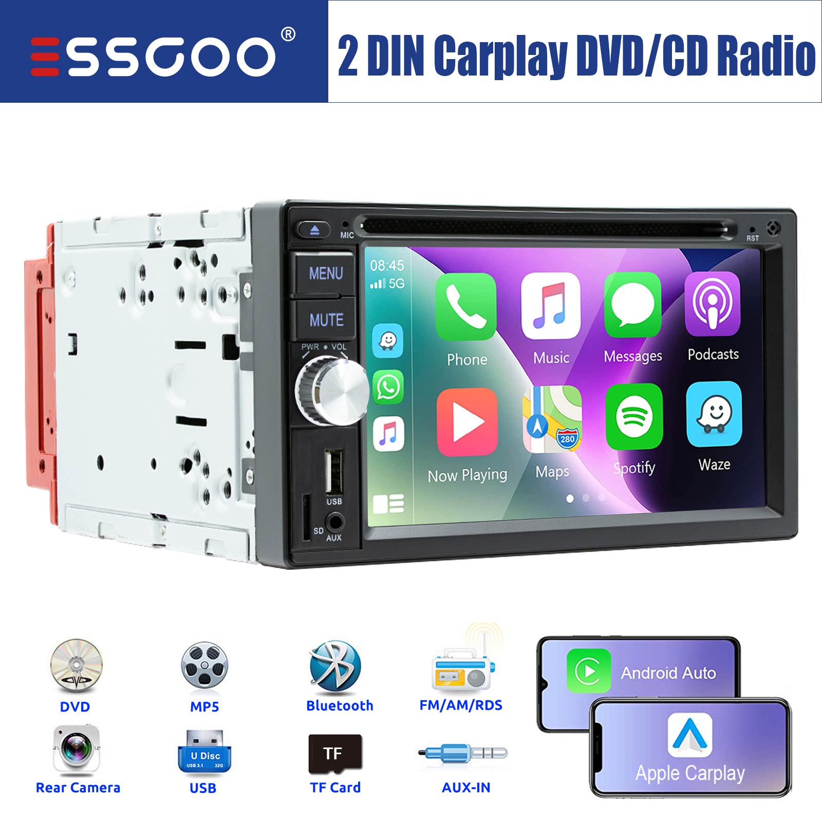 ESSGOO 2DIN Autoradio mit 6,2-Zoll-Touchscreen. Unterstützt CD/DVD, AM/FM, RDS, USB, Bluetooth, TF, AUX, CarPlay und Android Auto. Komplettes Multimedia-System mit Kamera. Perfekt für Ein Besseres Fahrerlebnis.