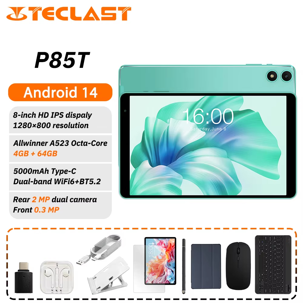 Teclast P85T Tablet PC Allwinner A523 8-Core/8inch 1280*800 HD IPS/4GB RAM/64GB ROM/5000mAh Type-C/Android 14/WiFi6+BT5.2