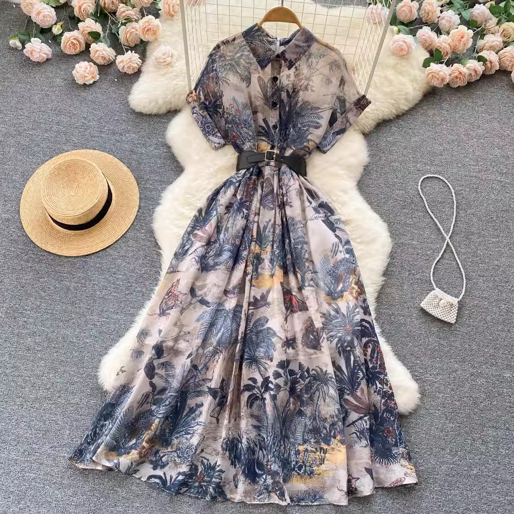 Franse Retro Shirt Jurk Zomer Dames Revers Korte Mouw Elegante Vintage Print Single Breasted Hoge Taille Riem Lange Vestidos