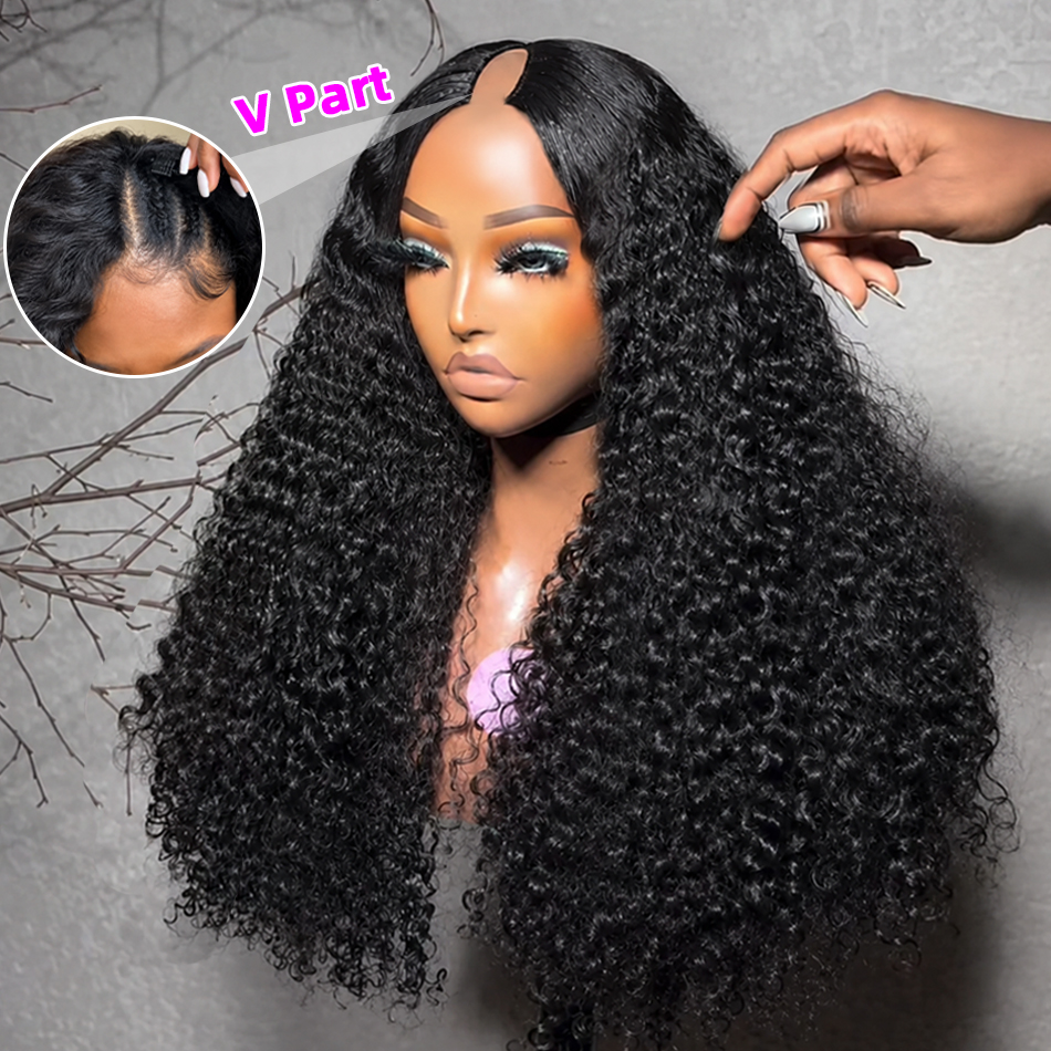 Parrucca riccia a V 260% in capelli umani, 16-38 pollici, senza bisogno di lasciare capelli fuori, versione migliorata Deep Wave, a forma di V, senza colla, con clip, mezza parrucca per donna
