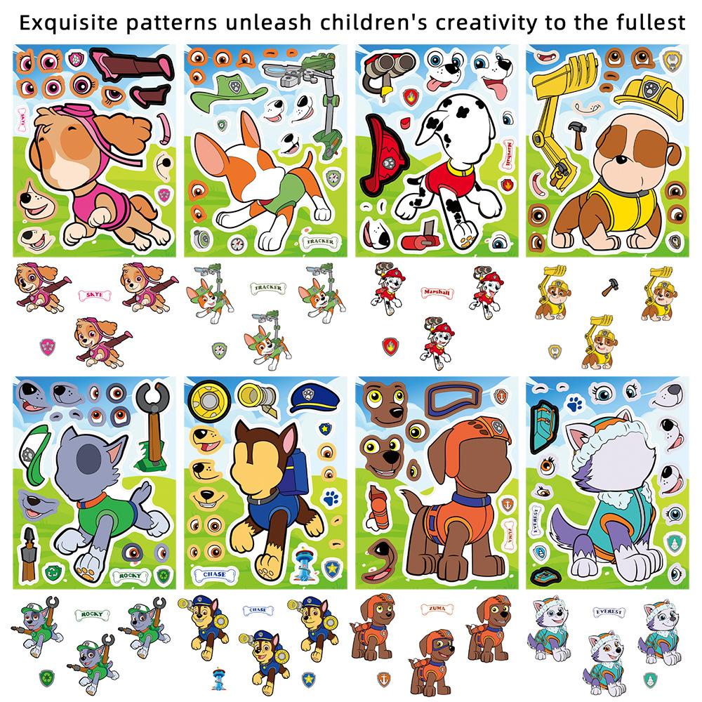 8/16 Folhas de Adesivos de Quebra-Cabeça PAW Patrol para Montar Rosto de Personagem, DIY Ryder Chase, Brinquedo Infantil, Jogo para Meninos, Presente de Festa