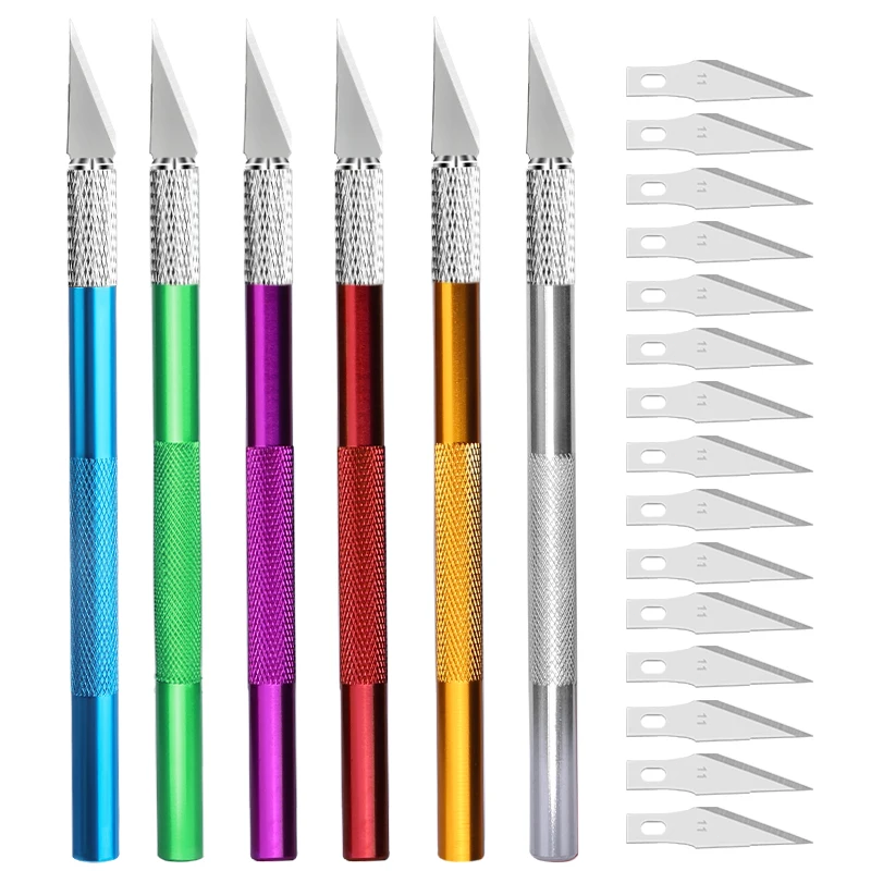 Fniiva Graveerfrees met 5 stks Blade Metalen Handvat Craft Carving Sculptuur Papier Antislip Mes DIY Reparatie Hand lederen Gereedschap