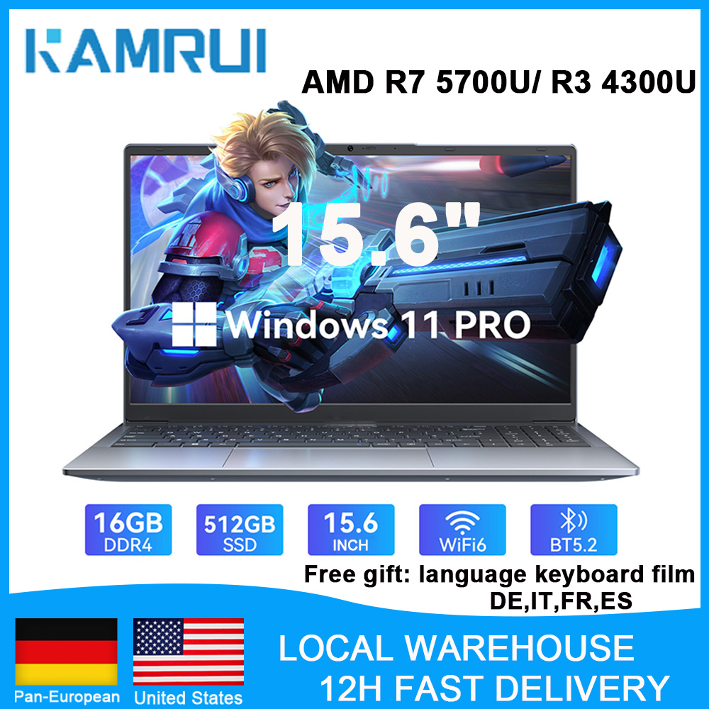 KAMRUI Slim Laptop 15.6" IPS FHD AMD Ryzen 7 5825U/5700U/R3 4300U 16GB DDR4 512GB NVMe SSD Radeon RX Vega 8 Win11 PRO Notebook