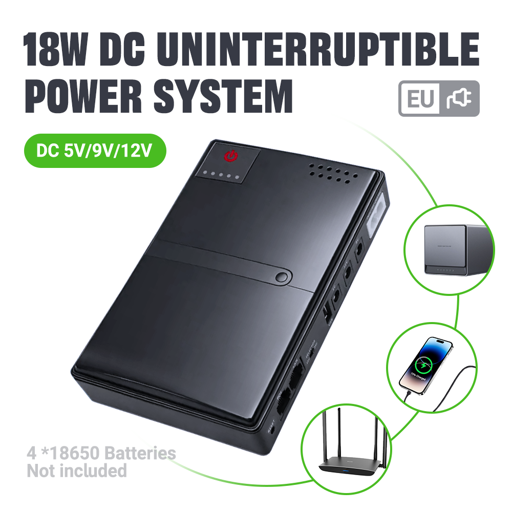 Fonte de Alimentação Ininterrupta DC1018L 18W com Bateria 18650 Substituível - Saída de 5V 9V 12V para Backup de Roteador e Modem