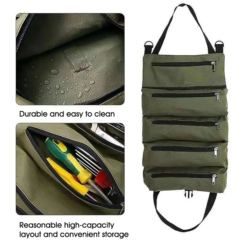 Heavy-Duty Roll-Up Tool Bag - Oxford Fabric Multi-Tool Organizer All-in-One Garage Storage for Mechanics/Electricians/Carpenters