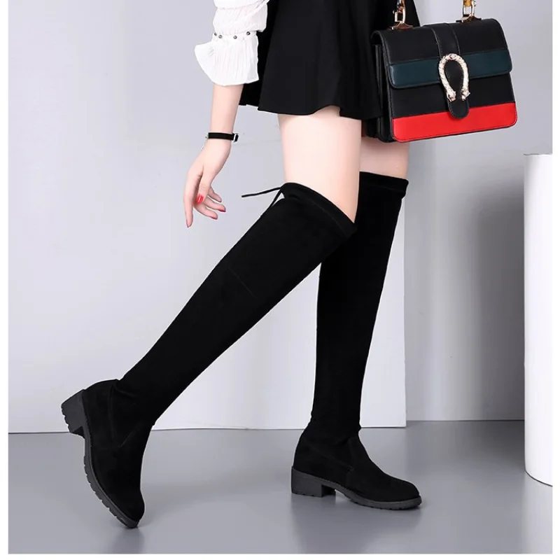 2024 ที่เพิ่มขึ้น Suede ยาวผู้หญิงฤดูใบไม้ร่วง/ฤดูหนาวใหม่ Bottomed สูง BOOT Elastic แฟชั่น BOOT รองเท้าผู้หญิง Knight