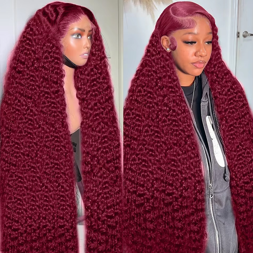 HD transparan 13x4 13x6 penuh renda Frontal 99j Burgundy menutupi berwarna gelombang dalam renda Frontal rambut manusia Wig 34 36 inci