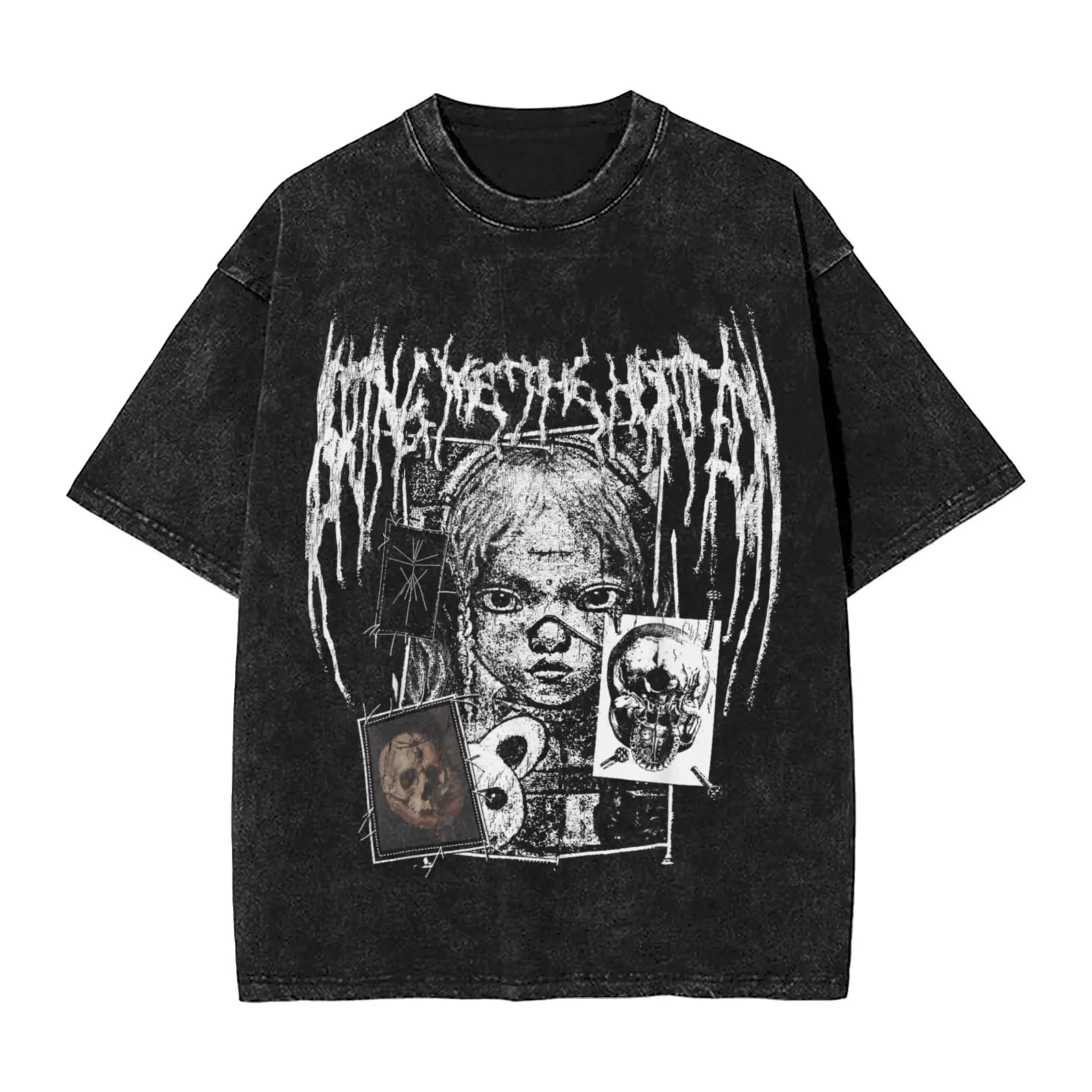 Krótki rękaw, okrągły dekolt, koszulka Y2k męska, nowość w kategorii topy i koszulki, męska koszulka z motywem zespołu rockowego Bring Me The Horizon, koszulki dla fanów BMTH, efekt sprania.