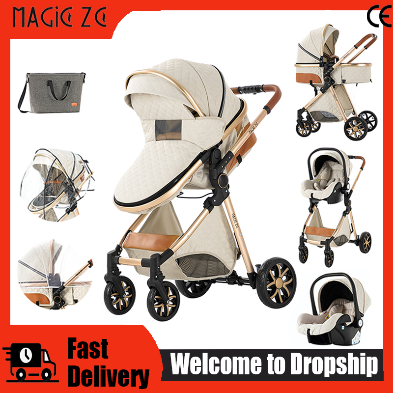 Cochecito ligero para bebé 3 en 1, con asiento reclinable y silla de auto, plegable, sistema de viaje para recién nacidos, para viajes en avión y viajes largos, con cesta de almacenamiento, cochecito de bebé, carrito de bebé de paisaje alto