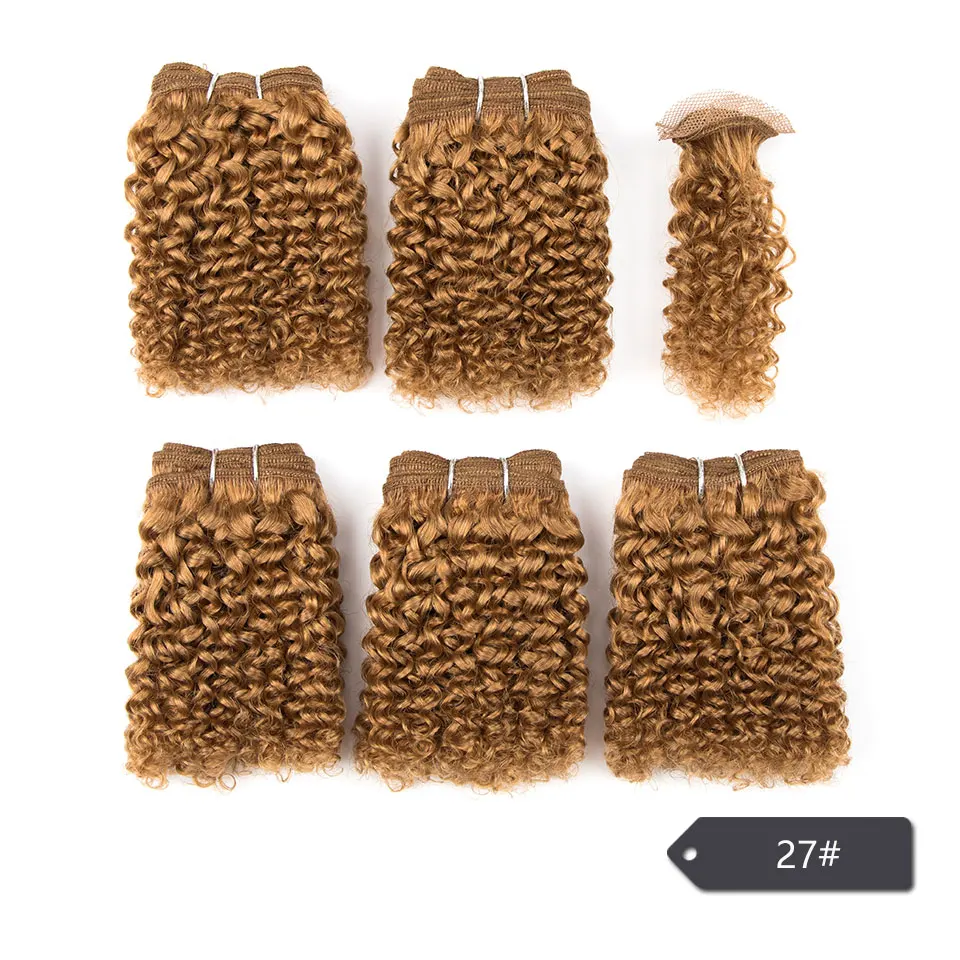 Pacotes de cabelo encaracolado curto com fechamento remy tecer cabelo humano 5 pacotes com fechamento 6 pçs duplo desenhado # 33 P4/27 P1B/30 QVR Cabelo
