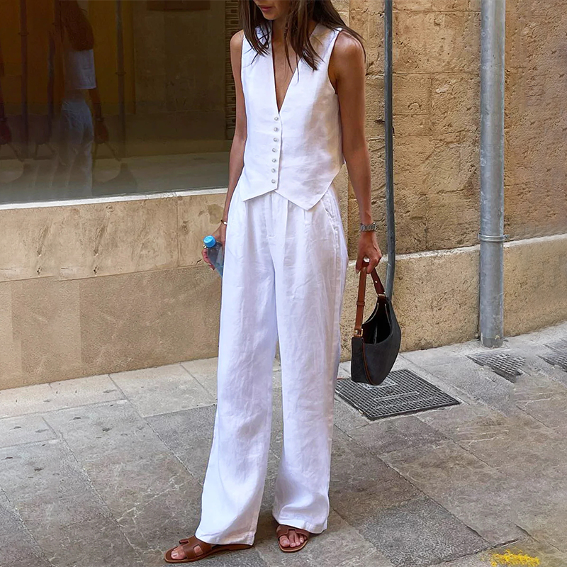 Retro Linen Women'S Suits Women 2026 Blue Sleeveless Button Up Vest Tops + Wide Leg Pants Sets 2 Pieces Outfits Ensemble Femme