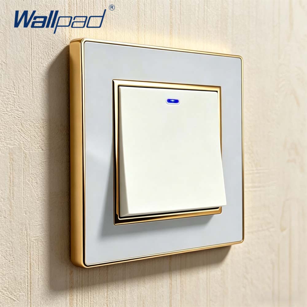 Белая акриловая панель Wallpad с золотой рамкой, 2-позиционный настенный выключатель света со светодиодным индикатором, электрическая розетка европейского стандарта с USB