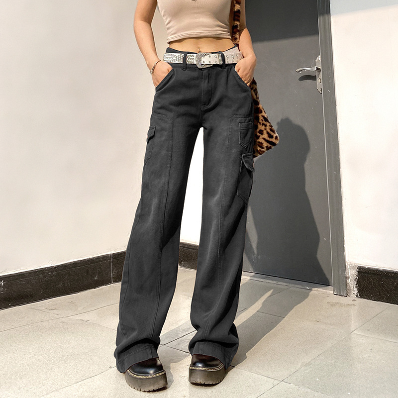Jean décontracté taille haute avec poches irrégulières, pantalon de papa, vêtements de travail, tour de sol, jambe droite, rue, nouveau