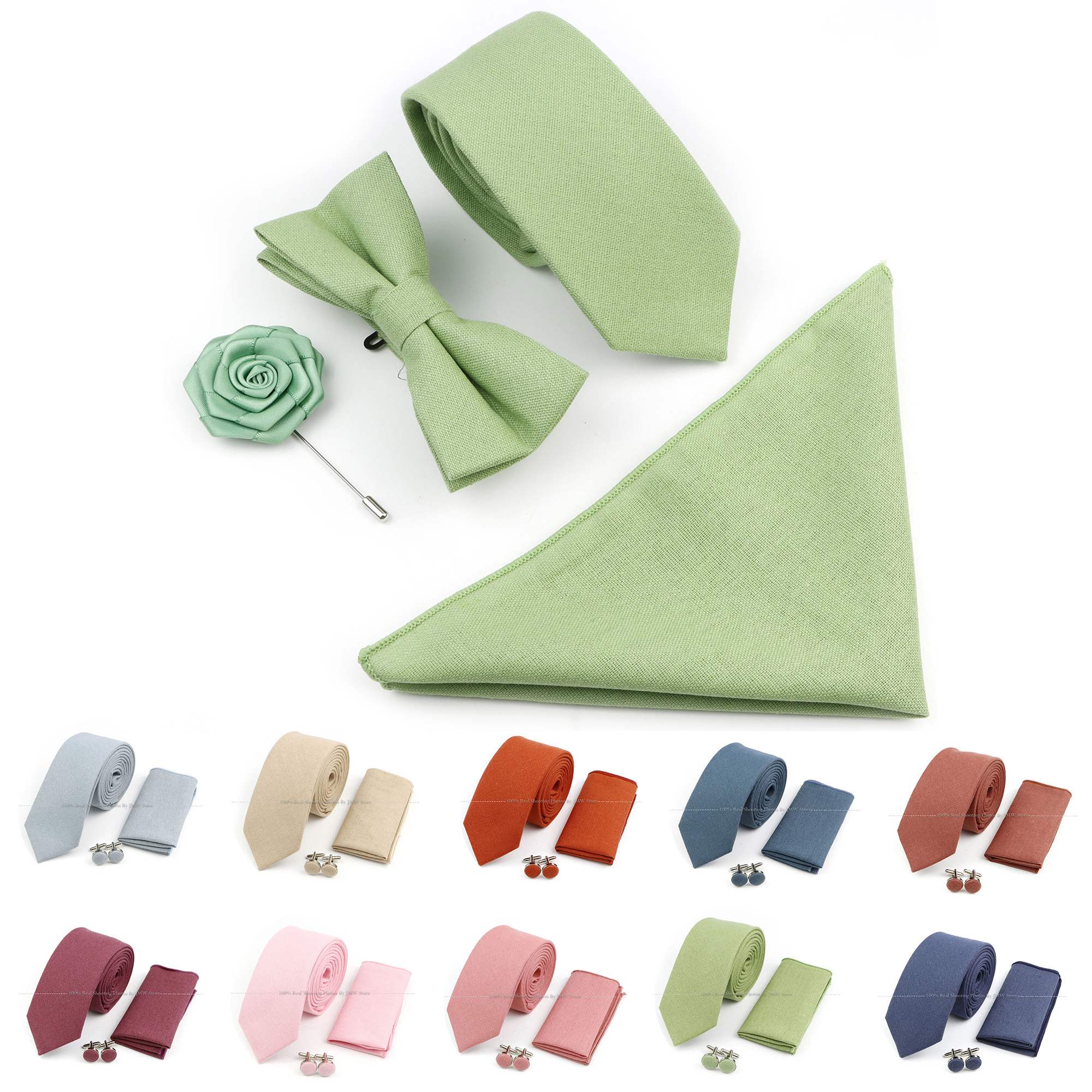 Vendita calda verde salvia rosa cravatta set cravatta in cotone solido papillon gemello spilla per abito da sposo cravatta da sposa accessorio camicia