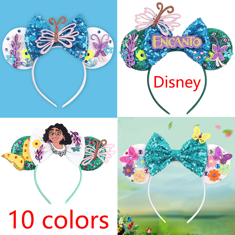Повязка на голову с ушками Disney Encanto для взрослых, повязки для волос с Микки Маусом, женские бантики с блестками, аксессуары для волос, головные уборы Mirabel, подарки для девочек