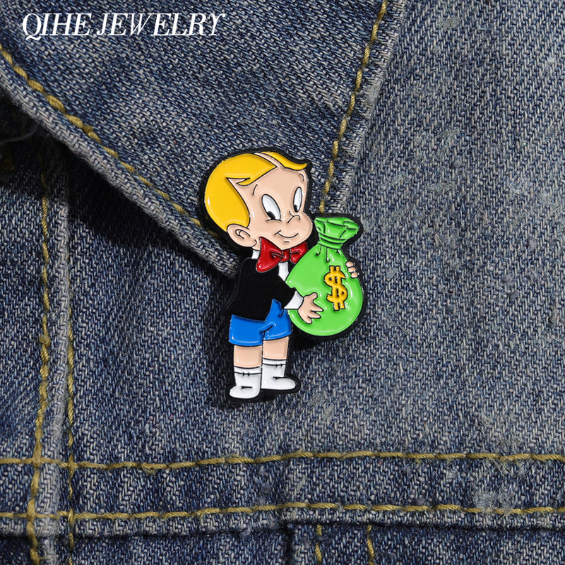 Richie cartoon rico saco de dinheiro broche esmalte pino bonito menino crachá acessórios chapéus decorativos roupas mochila moda jóias pino