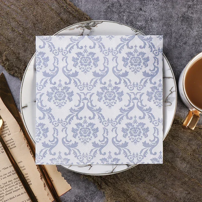 20pcs/Pac Chinese Elements Blue Gold Silver Flower Pattern Celadon Napkin Paper Tissue Pure Wood Pulp Paper Party Mouth Cloth