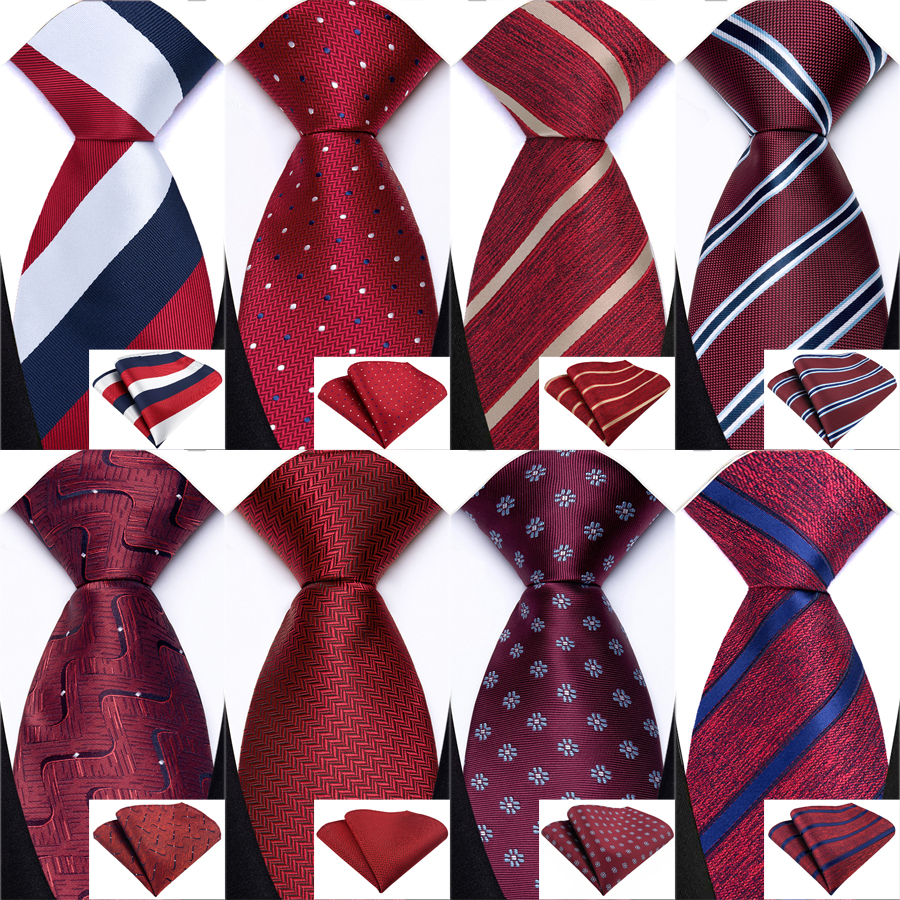 Luxury Mens Tie Set Jacquard Stripes Plaid Dot Necktie Pocket Square Set Dark Red for Male Men Wedding Busniess Party Ties Gift