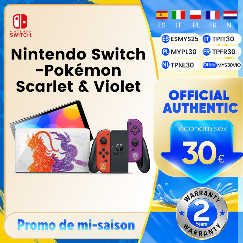 Console Nintendo Switch (modèle OLED) édition Pokémon Karmesin & Purpur, écran OLED 7 pouces, manette Joy-Con, jeu non inclus