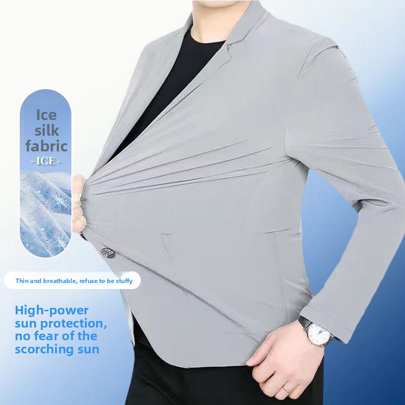Blazer Estivo Leggero da Uomo con Protezione Solare, alla Moda, Casual Business, Effetto Ghiaccio, in Seta Ghiacciata Elastica