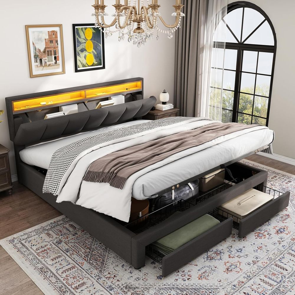 Hydraulisch opbergbed, 160x200cm, grijs linnenlook, functioneel tienerbed