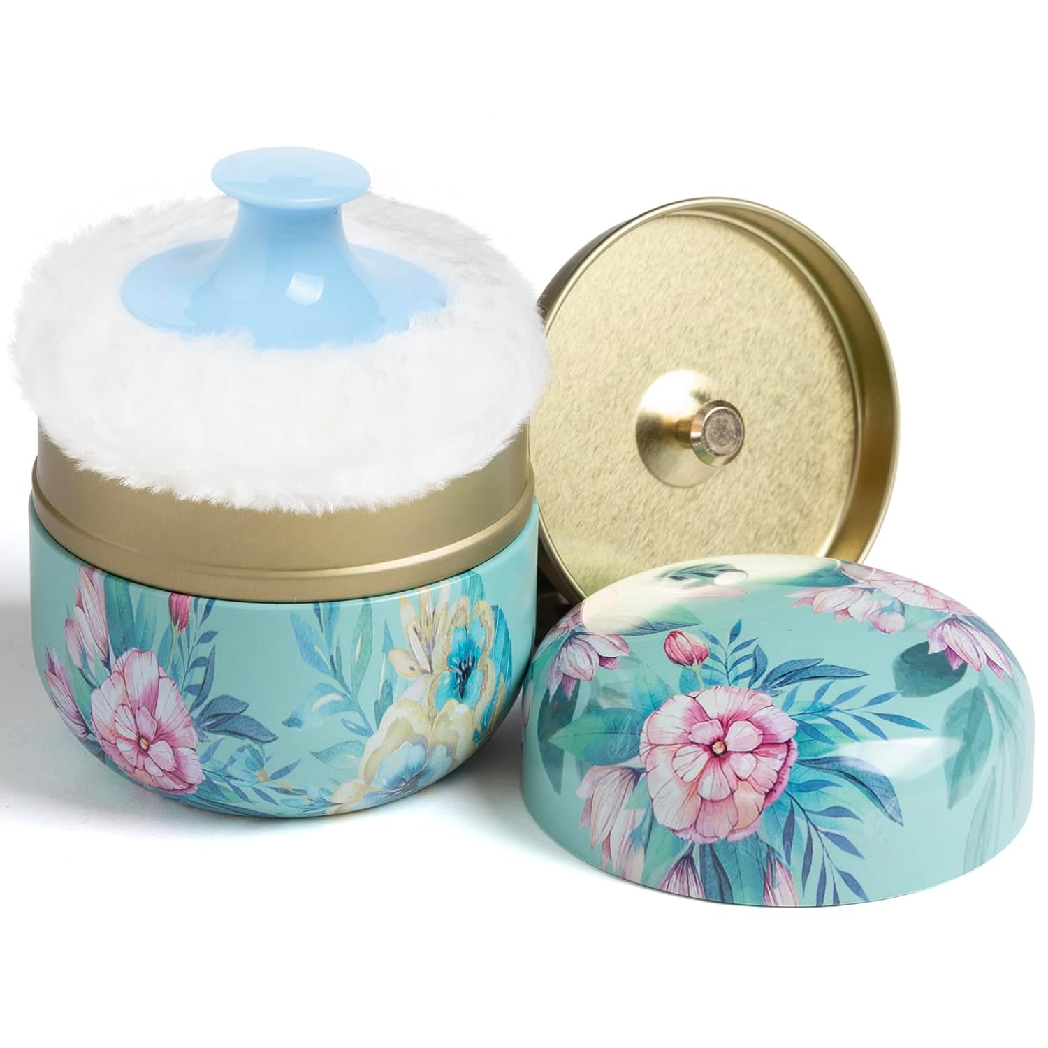 Body Makeup Puff and Container,Powder Container Floral Pattern with Large Fluffy Plush Puff Spoon, Woman Loose Dusting Powder