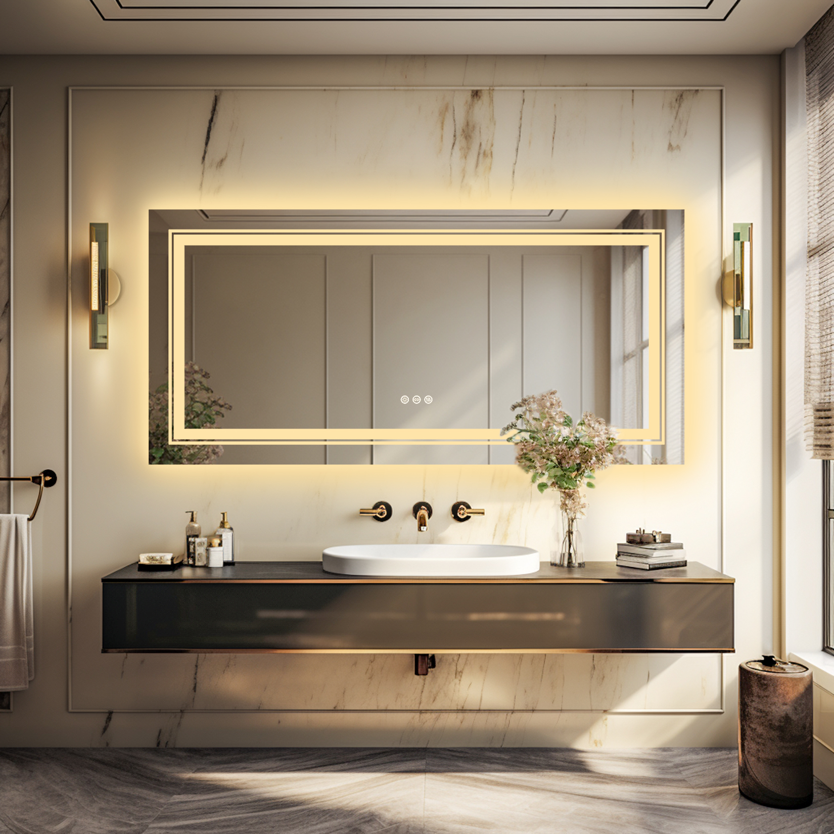42x20 cali Lustro LED do salonu Dekoracyjne lusterka kosmetyczne z 3-kolorowym światłem przednim i podświetlaną pamięcią Możliwość przyciemniania Przeciwmgielne Wodoodporne