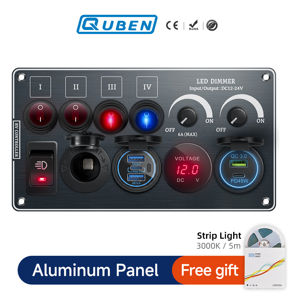 Tuimelschakelaar Multifunctionele Aluminium Paneel LED Dimmer 12V 24V voor RV Dual Port USB QC3.0 Sigarettenaansteker