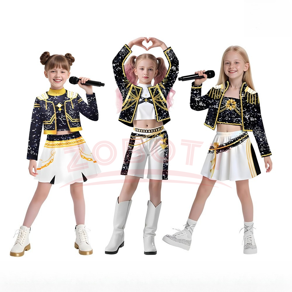 Crianças meninas k-pop rumi zoey cosplay huntrix traje 3d impressão caçadores de demônios mira trajes de palco criança festa de halloween conjunto clolthes