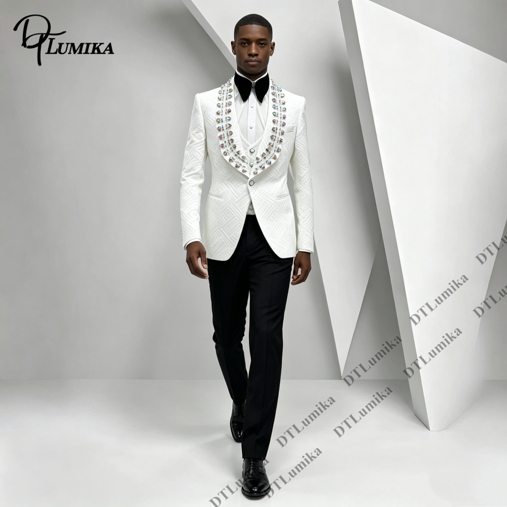 DTLumika White Embossed Multicolor Rhinestone Wedding Suit for Groom Three Piece Jacket Waistcoat Trousers Set Banquet Tuxedo