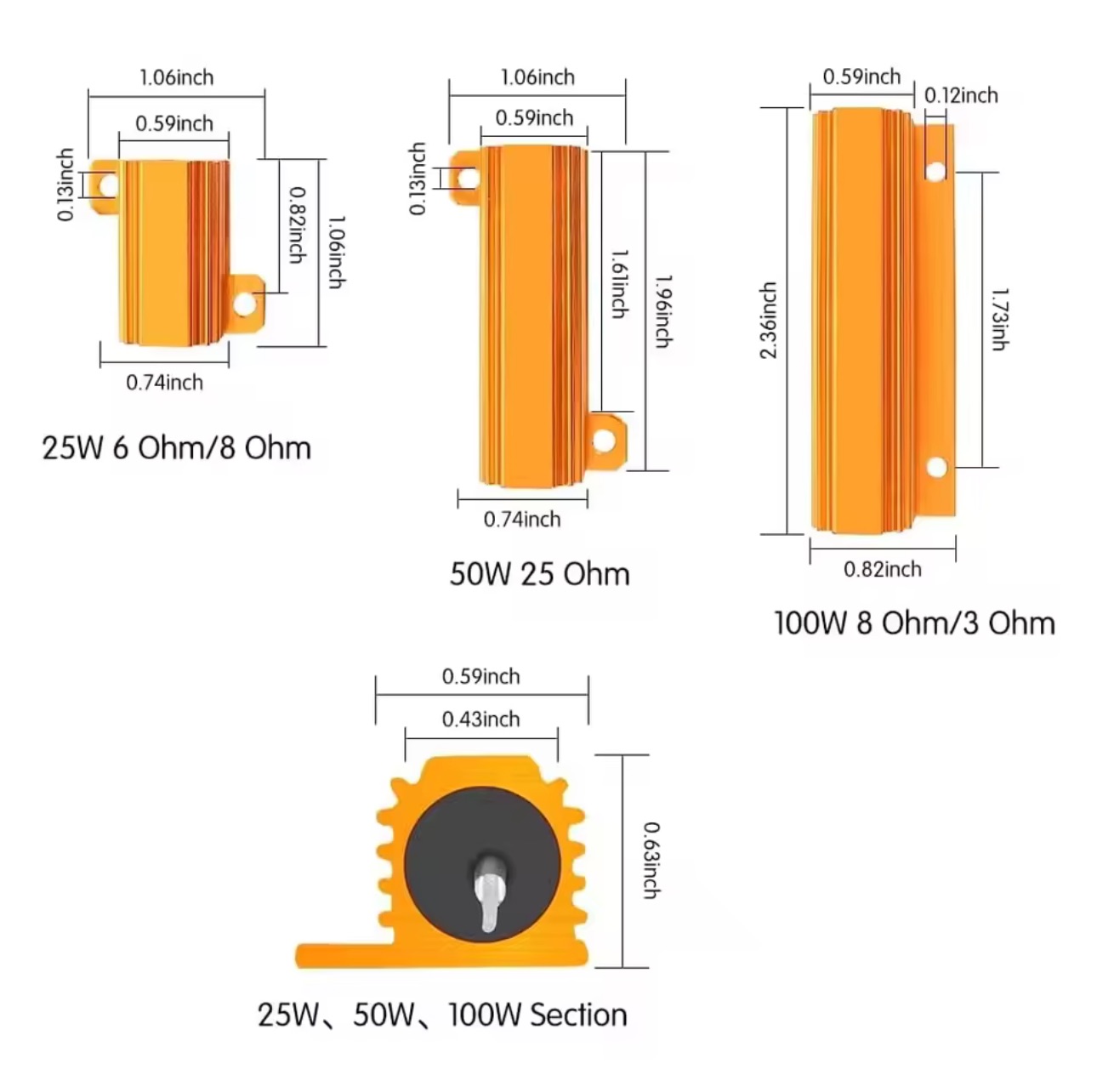 2 Stück 10W 25W 50W 100W Aluminium-Leistungswiderstände 0,1~1Kohm Metallgehäuse Drahtgewickelte Lastwiderstände 1R 2R 3R 5R 10R