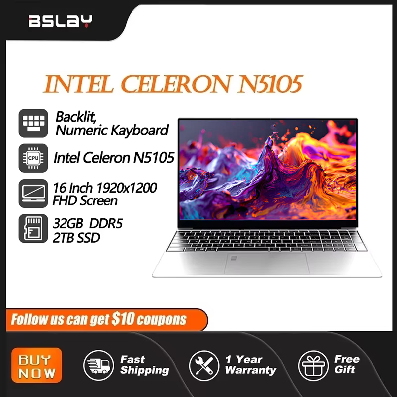 Laptop para jogos, 16 polegadas, intel n5105, 32gb de ram, 2tb, ssd, ddr5, win11, desbloqueio por impressão digital, câmera hd, teclado retroiluminado, ultrabook portátil