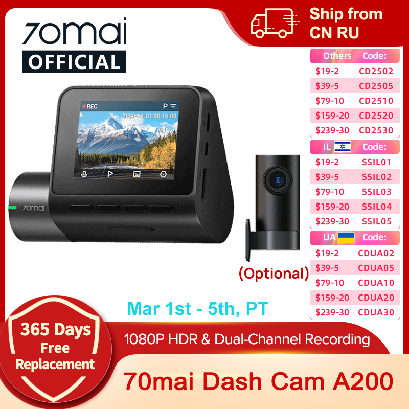70mai-Car Dash Cam com gravação de canal duplo, A200, 1080P, HDR, tela IPS de 2 ", monitor de estacionamento 24H, DVR, APP WiFi, 130 ° FOV, Global