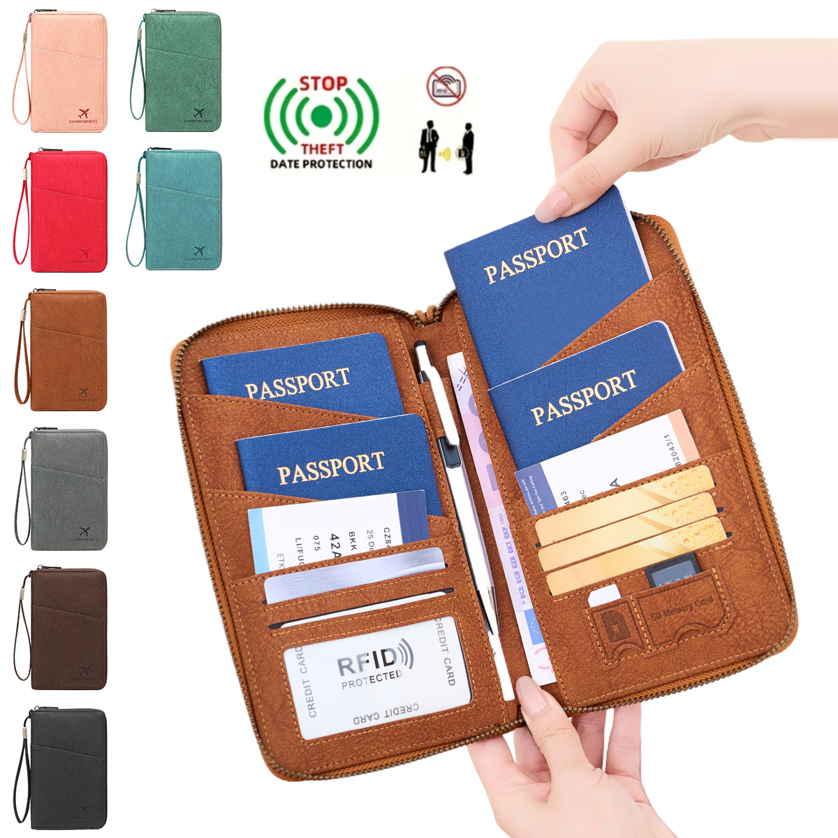 ·Nieuwe RFID-anti-diefstalkaart voor het doorvegen van reispaspoorten, unisex documentenhouder met grote capaciteit en ritssluiting, multifunctionele opbergruimte
