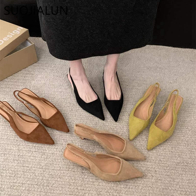 SUOJIALUN 2024 Primavera Nuove Donne Sandalo Moda Punta A Punta Superficiale Slip On Vestito Ciabatte Scarpe Sottili Tacco Basso Sandalo Slingback