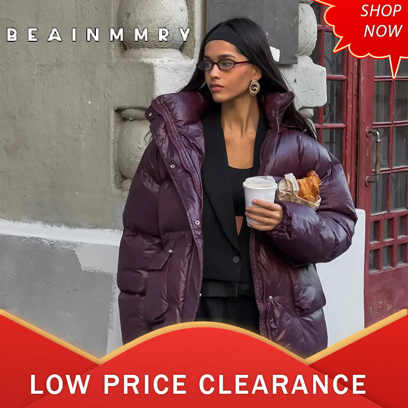 Women Elegant Stand Collar Lace Up Pocket Zipper Coat Winter Warm Burgundy Thicken Cotton Jacket Fashion Female Street Outerwear