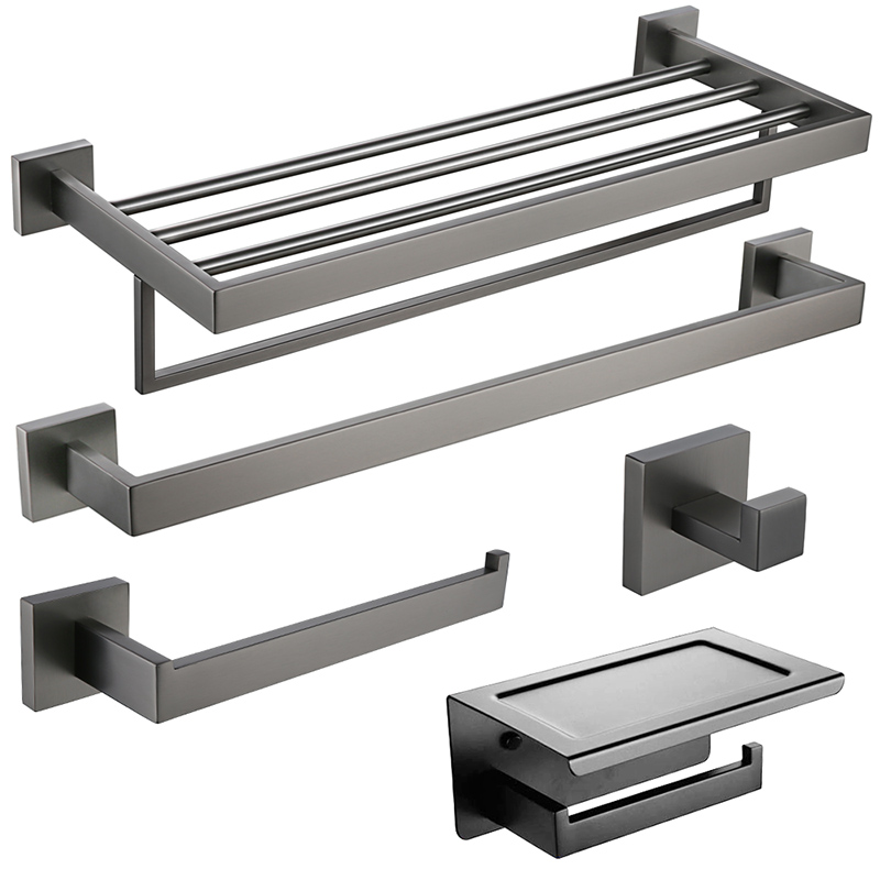 Acessórios de Banheiro Cinza Escovado em Aço Inoxidável Gun Metal: Toalheiro, Suporte para Papel Higiênico, Gancho para Roupão e Barra para Toalhas - Ferragens para Banheiro