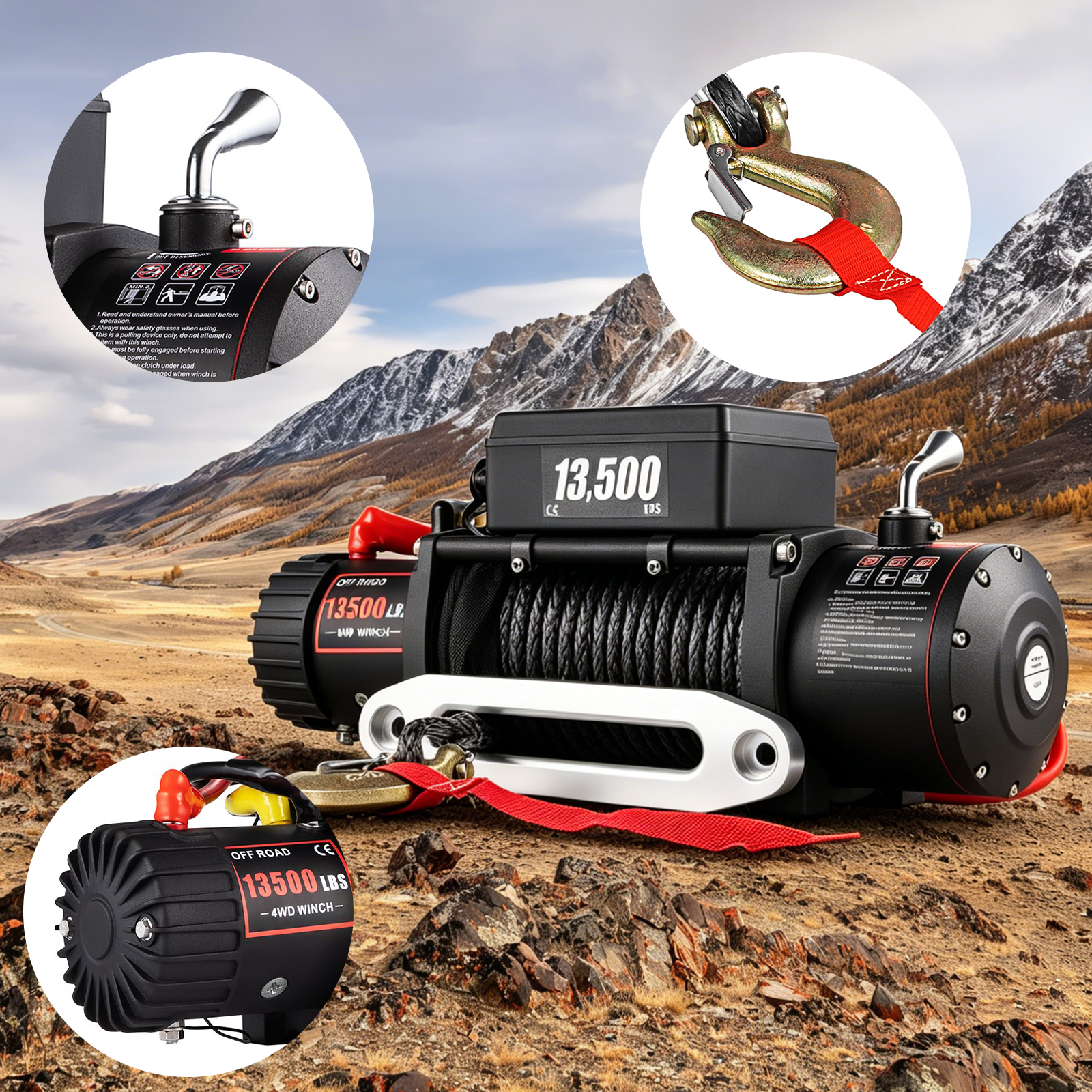 Treuil électrique SIHAO 13500lbs ATV/UTV 12V avec corde synthétique 92t, télécommande sans fil et filaire, étanche IP67 pour Jeep, remorquage tout-terrain