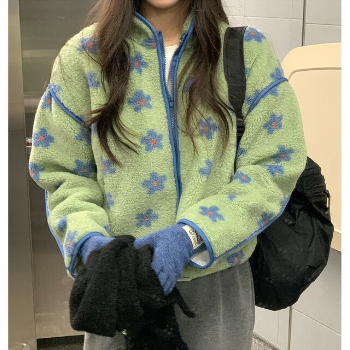 レトロで愛らしい青い花柄ラムファーの暖かいアウターウェア、キュートなプラッシュコート、レディースコットンジャケット、冬コレクション2025