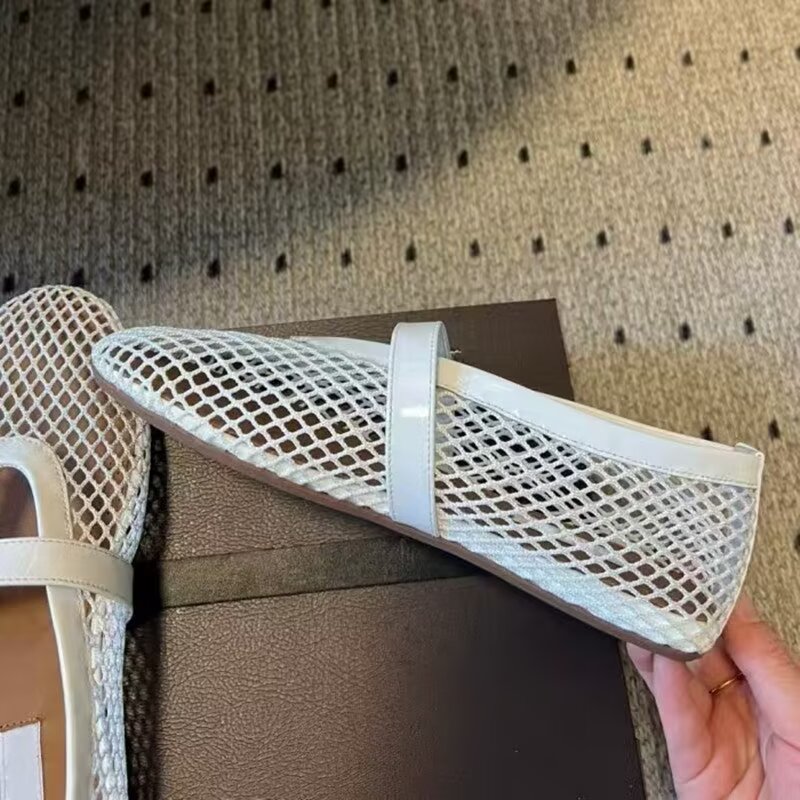 Franse luxe designermerk geweven Mary Jane schoenen met platte zool voor dames, minimalistische stijl, Franse ballerina's voor de vakantie