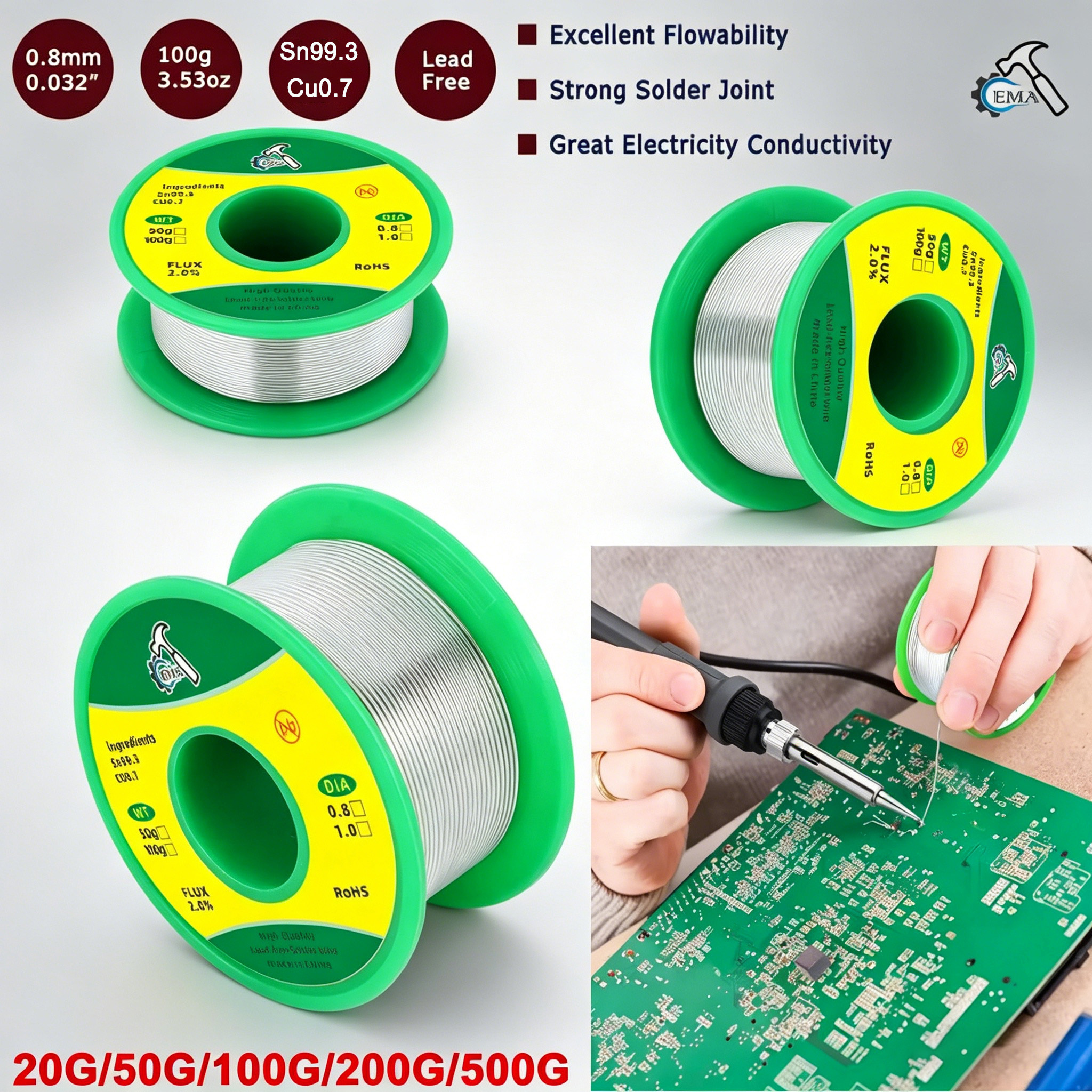 Fio de Solda Sem Chumbo Fino 0.8/1mm 20-500g para Eletrônica, com Fluxo de Resina, Fio de Solda Elétrico de Bitola Fina, Solda Sem Chumbo de Alta Qualidade