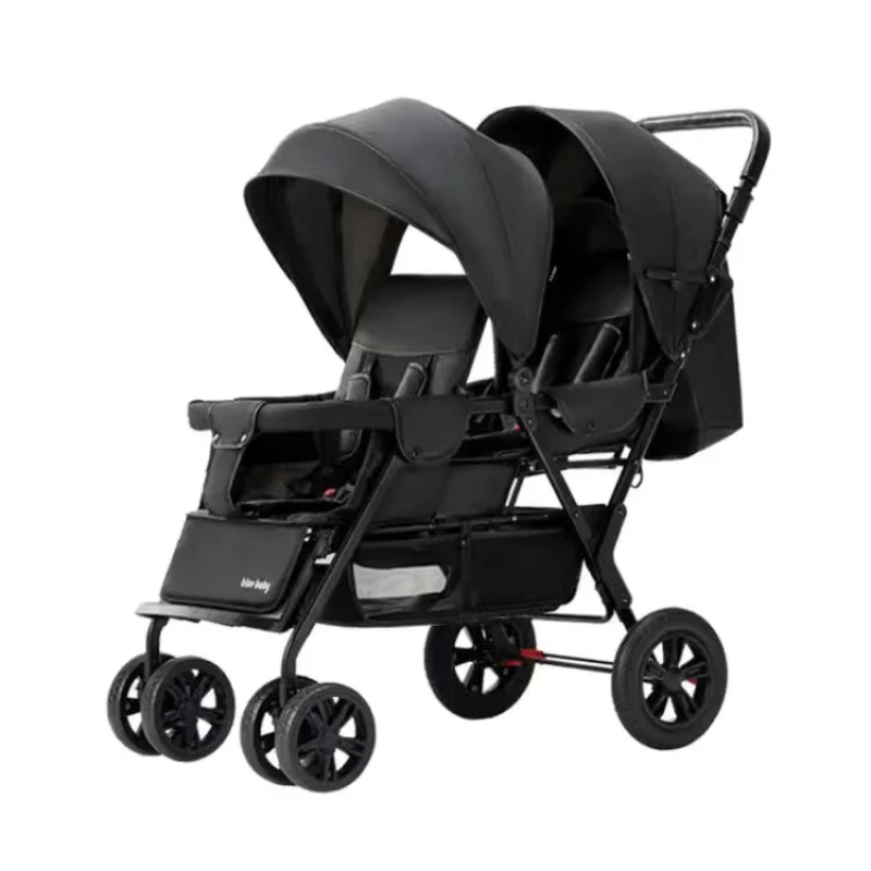 Doppelter Kinderwagen, kann sitzen, liegend, leicht, faltbar, hohe Landschaft, Vorder- und Rücksitz, Kinderwagen mit erhöhter Doppelbremse hinten