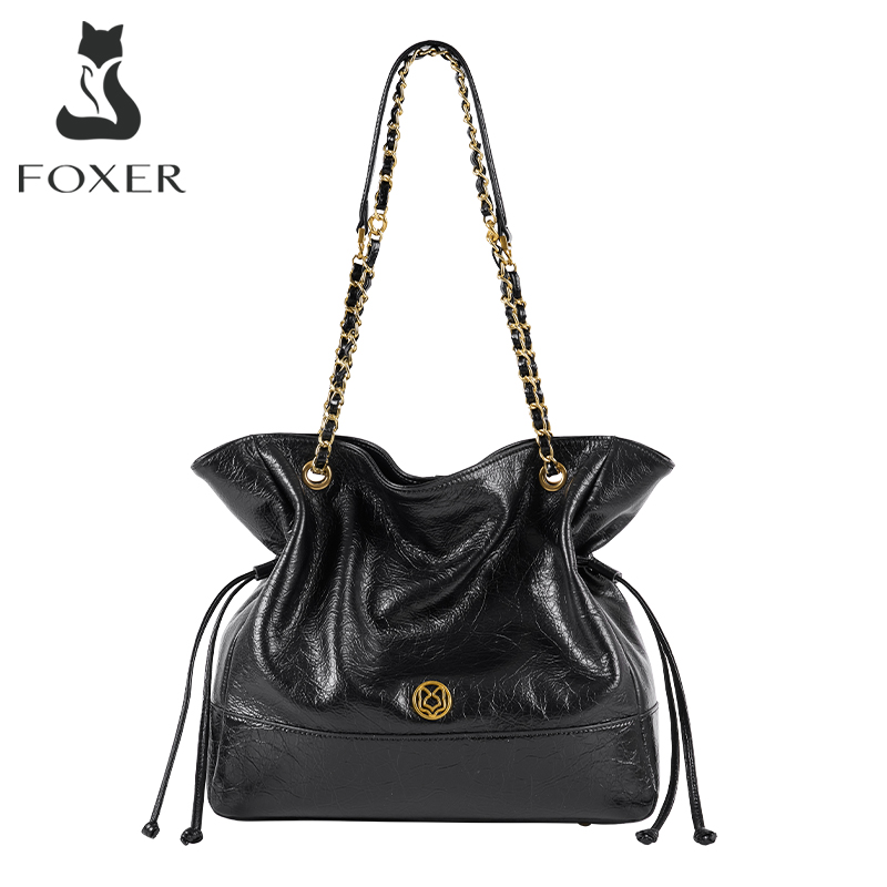 FOXER Luxury Genuine Leather Shoulder Bag for Women Large Capacity Bucket Handbag Fashion Female Crossbody Purse Ladies Handbag