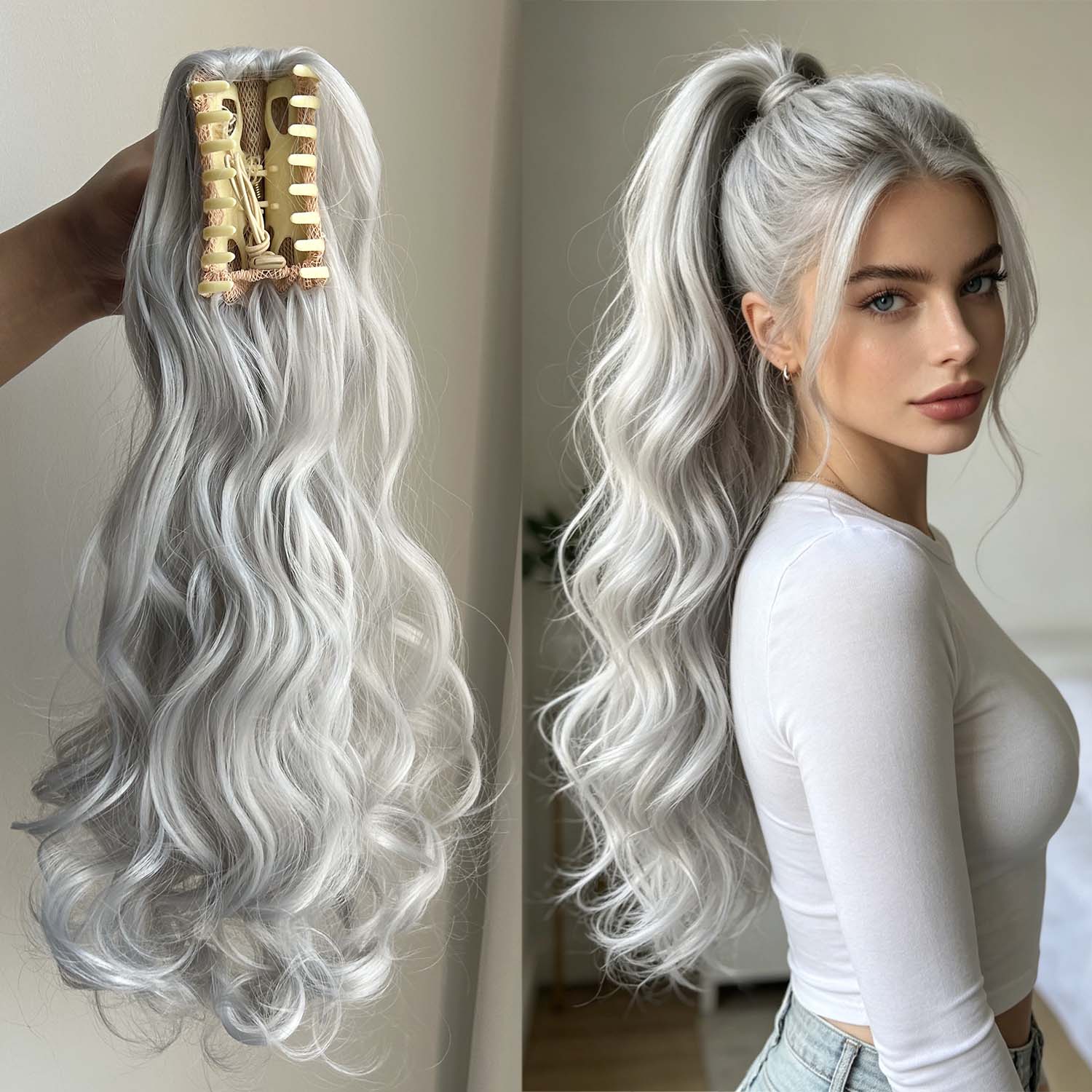 Cola de caballo ondulada gris de 22 pulgadas, extensiones de cabello sintético con clip, cola de caballo larga con ondas naturales para mujeres.