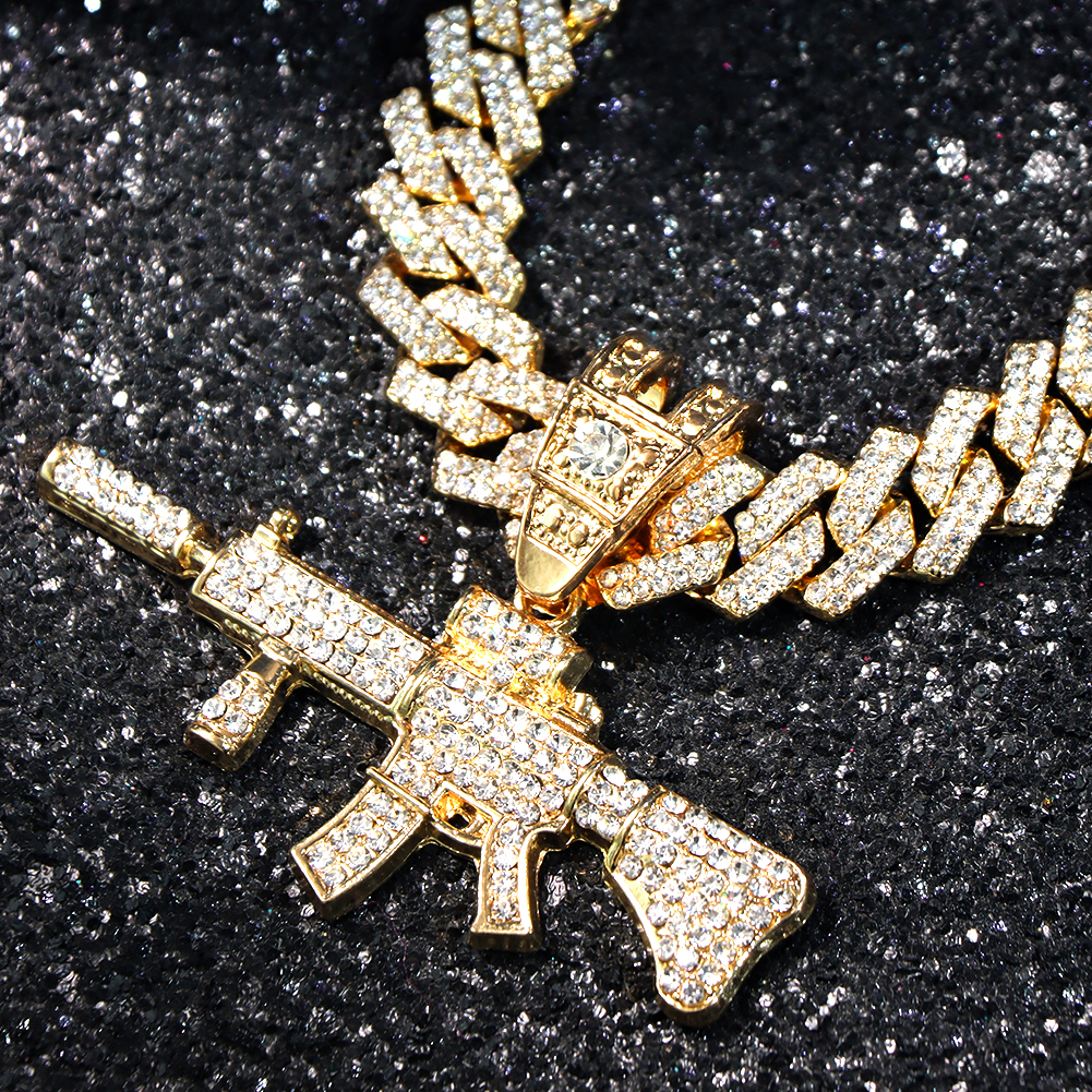Men Women 14MM Cuban Chain AK47 Gun Pendant Necklace Iced Out AAA Rhinestone Prong Miami Cuban Link Chain Hip Hop Jewelry Gifts