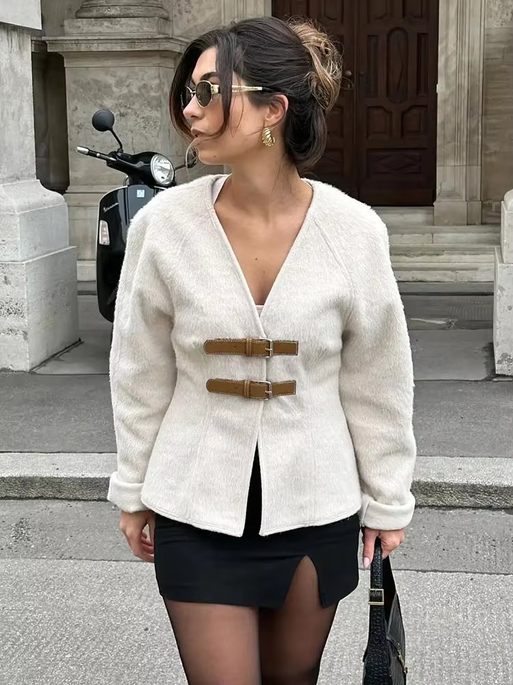 HH Retro Leder Schnalle Woolen Mantel Frauen Fashion Solid V-ausschnitt Langarm Beige Jacke Herbst Frühling Chic Weibliche Streetwear