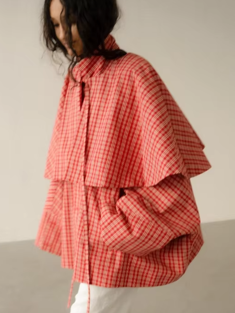 Chic ﻿ Giacca a vento da donna a quadri con collo alto, casual, a maniche lunghe, monopetto, vestibilità ampia, per tutti i giorni, Primavera 2026
