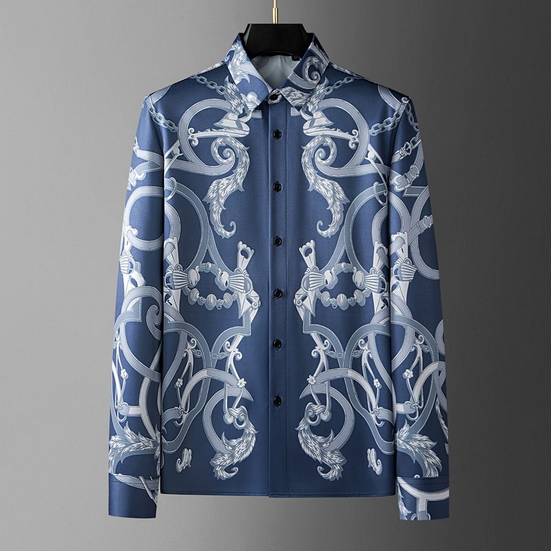 Camisa de manga larga con estampado de palacio para hombre, camisa Social de negocios informal ajustada Retro, trajes de actuación en club nocturno, primavera y otoño