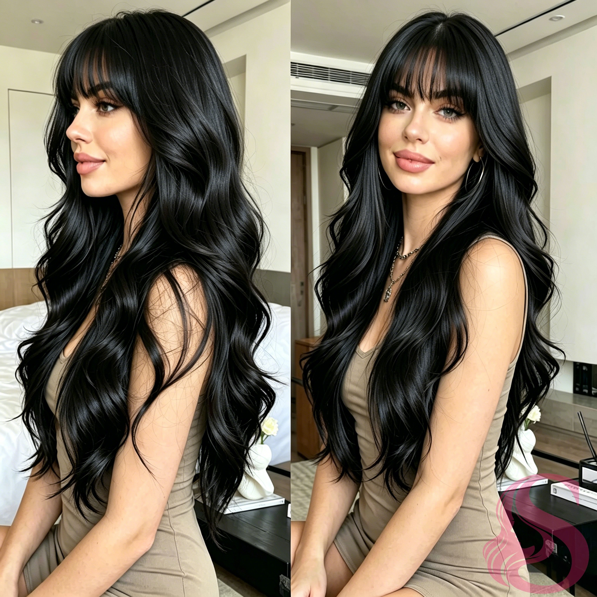 Peruca Smilegirl de Cabelo Humano Ondulado com Franja, Densidade 200%, Cabelo Virgem Brasileiro Remy, Peruca 3x1 Totalmente Feita à Máquina, Sem Cola, Pronta para Usar, Preto Natural para Mulheres